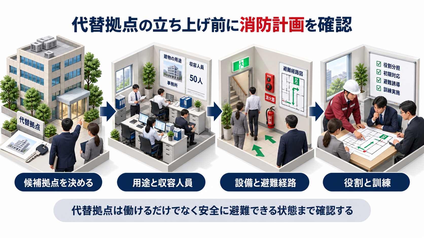 代替拠点を決めた後に用途と収容人員から消防用設備等と避難経路を確認し役割と訓練へ進む流れの図解