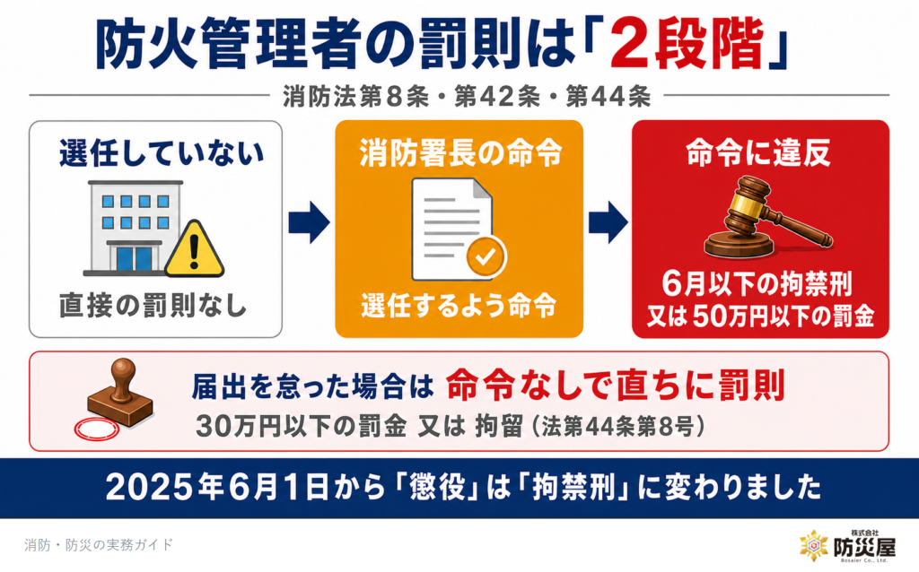 防火管理者の罰則は2段階(選任していない→命令→命令違反で拘禁刑)|ㅁ防災屋