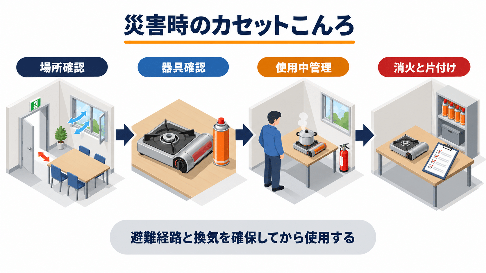 災害時のカセットこんろを場所確認から消火と片付けまで管理する流れのアイソメ図