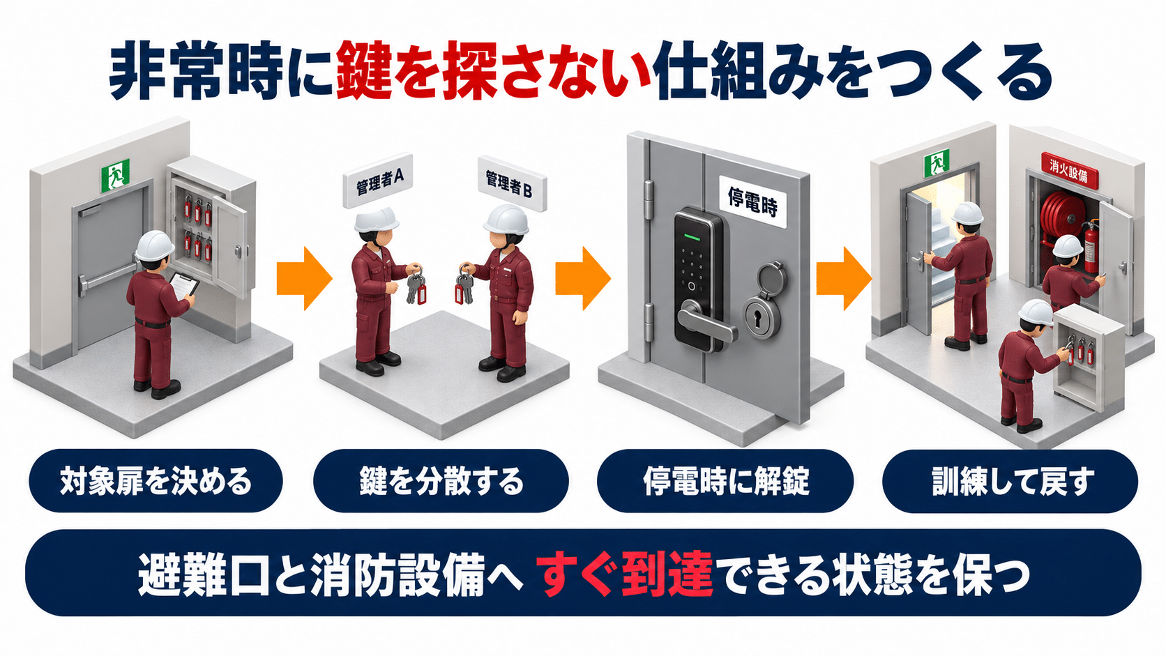 非常時に対象扉を決め鍵を分散し停電時に解錠して返却まで訓練する流れのアイソメ図
