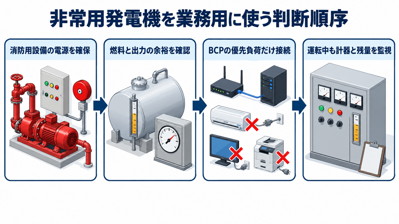 非常用発電機から消防用設備の電源を確保し燃料と出力の余裕を確認してBCPの優先負荷だけへ送る判断順序のアイソメ図