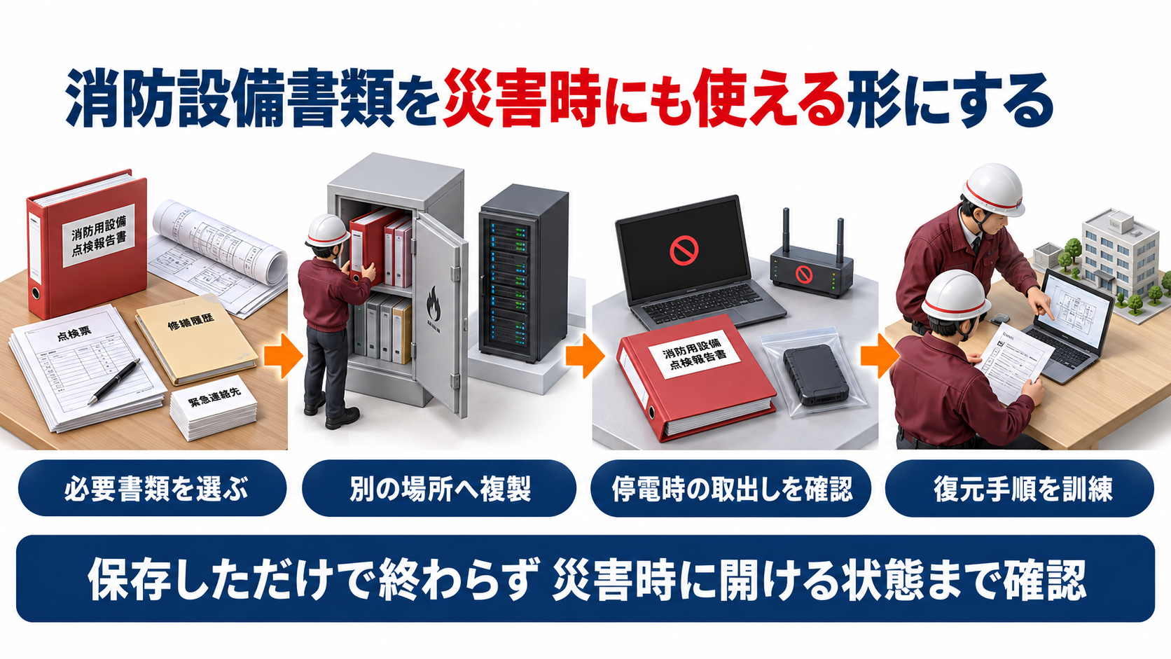 消防設備書類を選び別の場所へ複製して停電時の取出しと復元手順を訓練する流れのアイソメ図