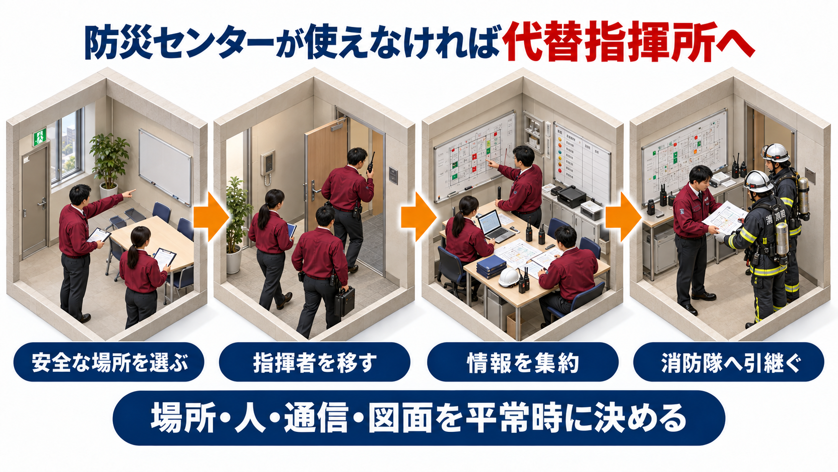防災センターが使えないとき安全な代替指揮所へ移り情報を集約して消防隊へ引き継ぐ流れのアイソメ図