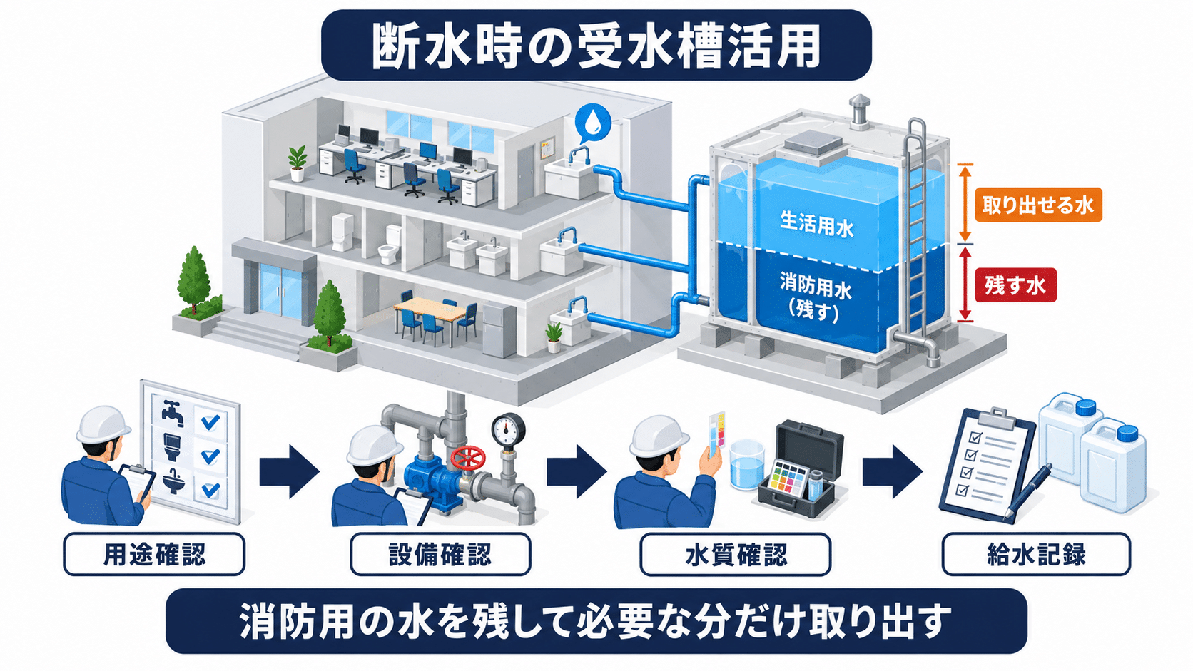 断水時に受水槽の用途と水質と消防用の必要水量を確認してから生活用水を取り出す流れのアイソメ図