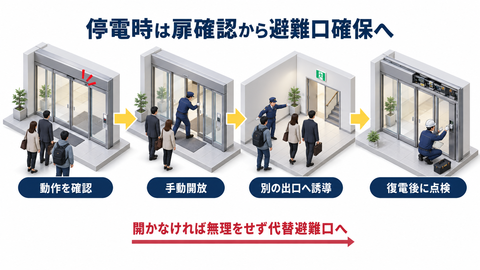 停電発生から自動ドアの手動開放と代替避難口への誘導を経て復電後に点検する流れのアイソメ図