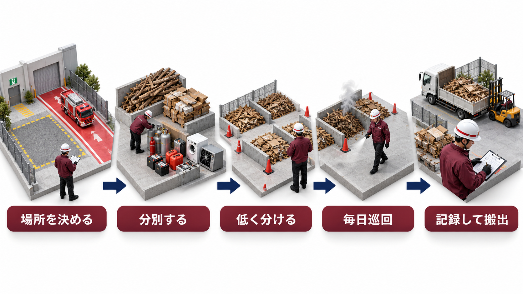 災害ごみの置場を決めて分別し低く分けて毎日巡回して記録後に搬出する流れのアイソメ図