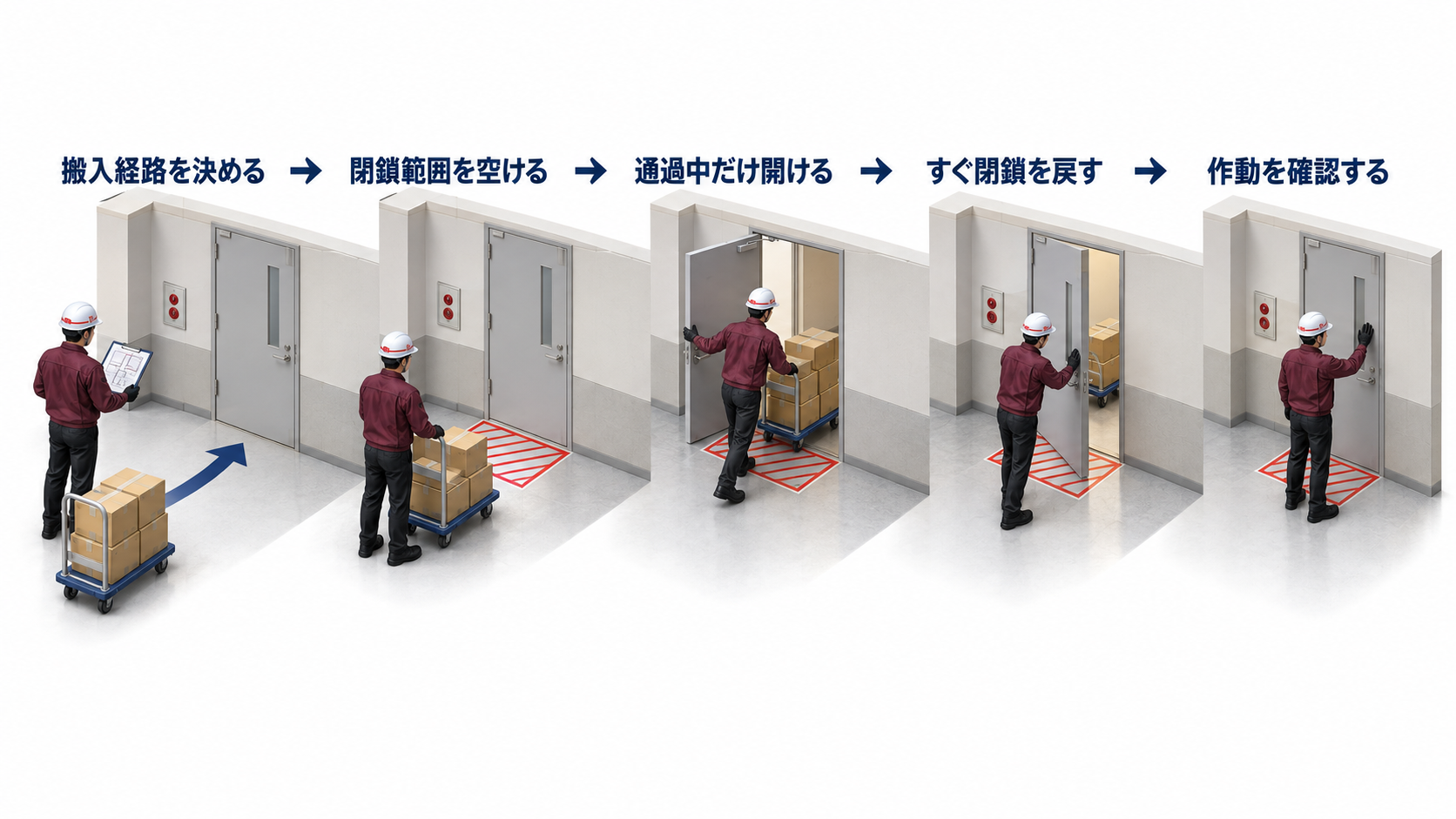 搬入経路を決め防火戸の閉鎖範囲を空け通過中だけ開けて直ちに閉鎖と作動を確認するアイソメ図