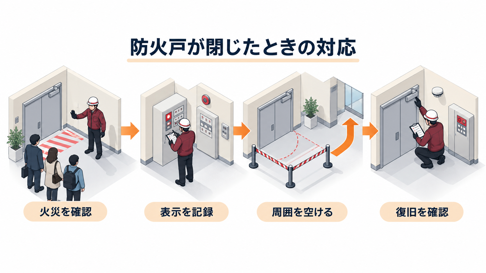 自動閉鎖した防火戸の前で火災確認から設備担当者への引継ぎと復旧記録まで進める流れのアイソメ図