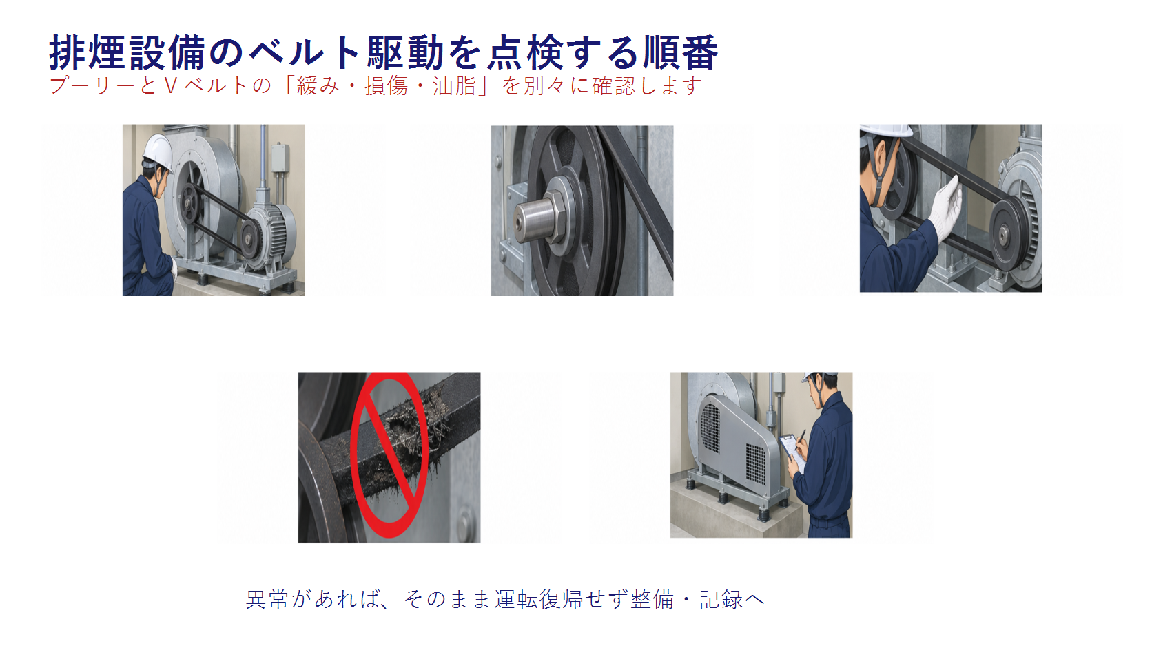 排煙設備のプーリーとVベルトで緩みと損傷と油脂付着を確認する図解