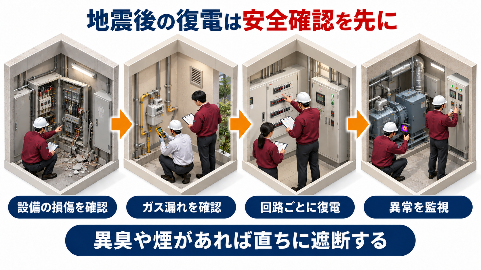 設備の損傷とガス漏れを確認して回路ごとに復電し異常を監視する流れのアイソメ図