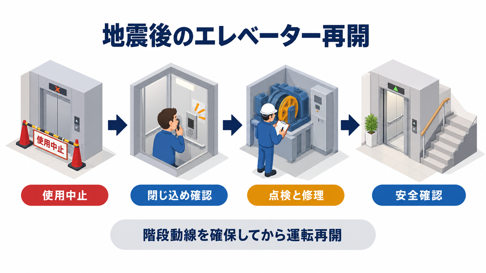 地震後にエレベーターを使用中止して閉じ込め確認と点検修理と安全確認を行う流れのアイソメ図