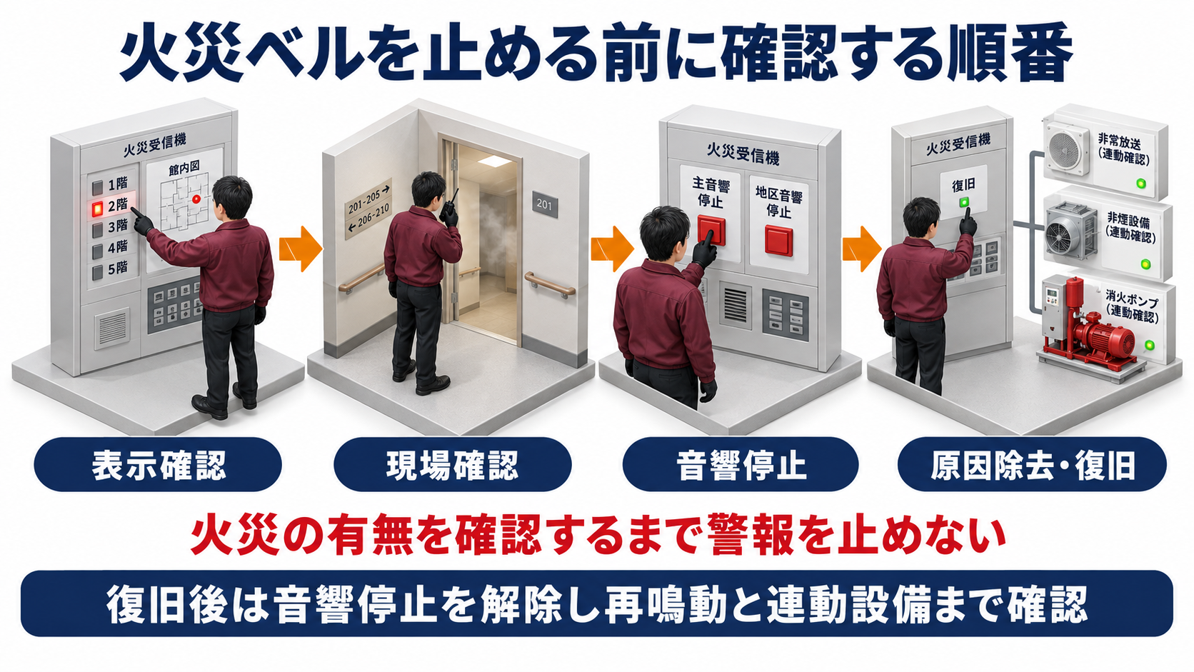 火災ベルを止める前に表示確認から現場確認と受信機復旧まで進める順番のアイソメ図