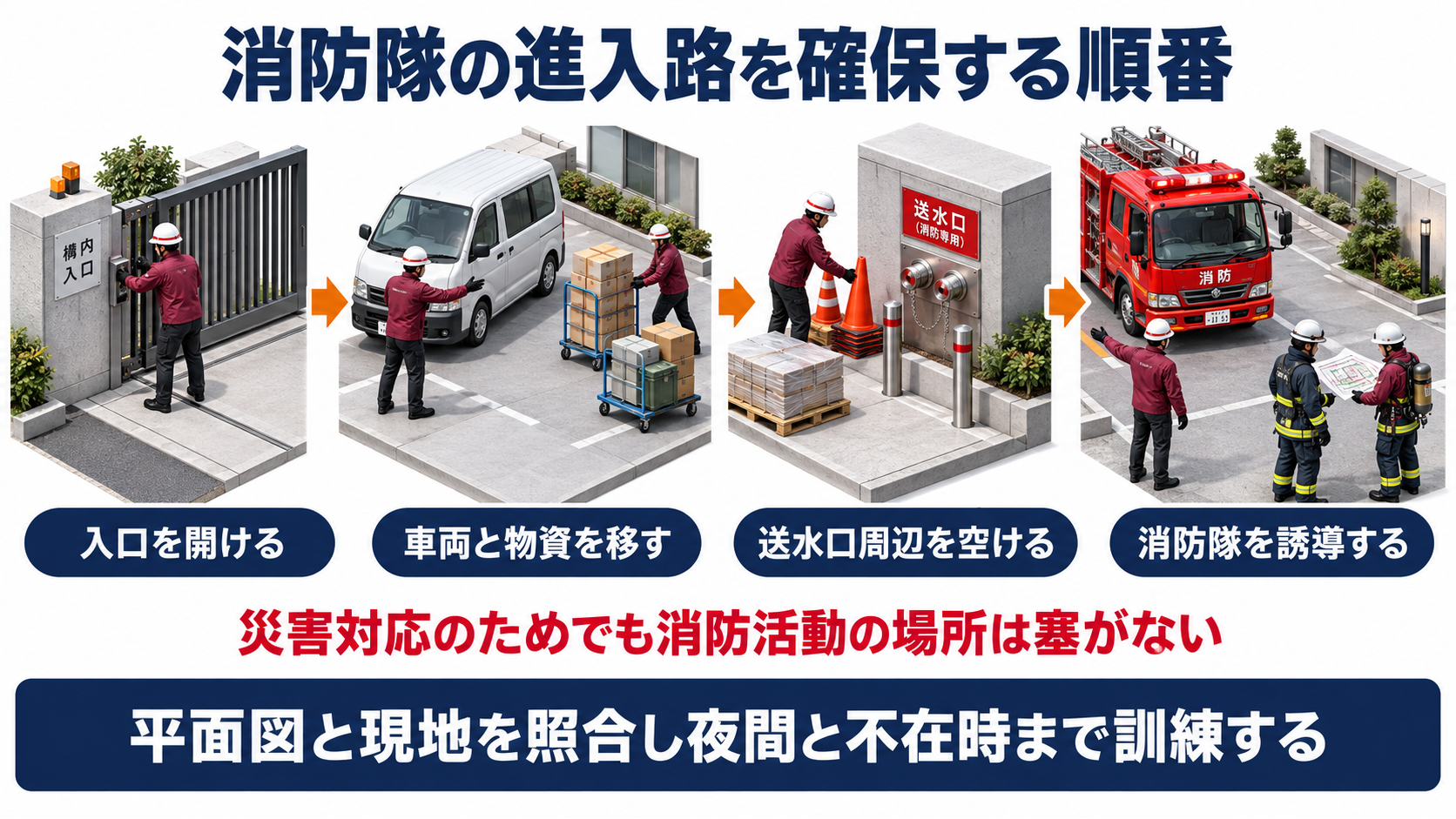 消防車の入口を開けて車両と物資を移し送水口周辺を空けて消防隊を誘導する順番のアイソメ図