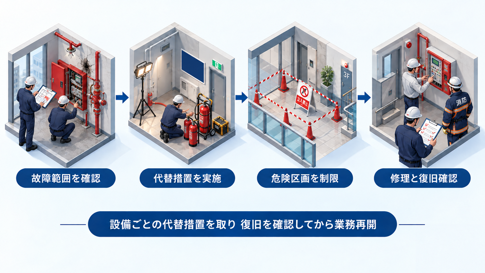 消防用設備の故障範囲を確認して代替措置と危険区画の制限と修理復旧を行う流れのアイソメ図