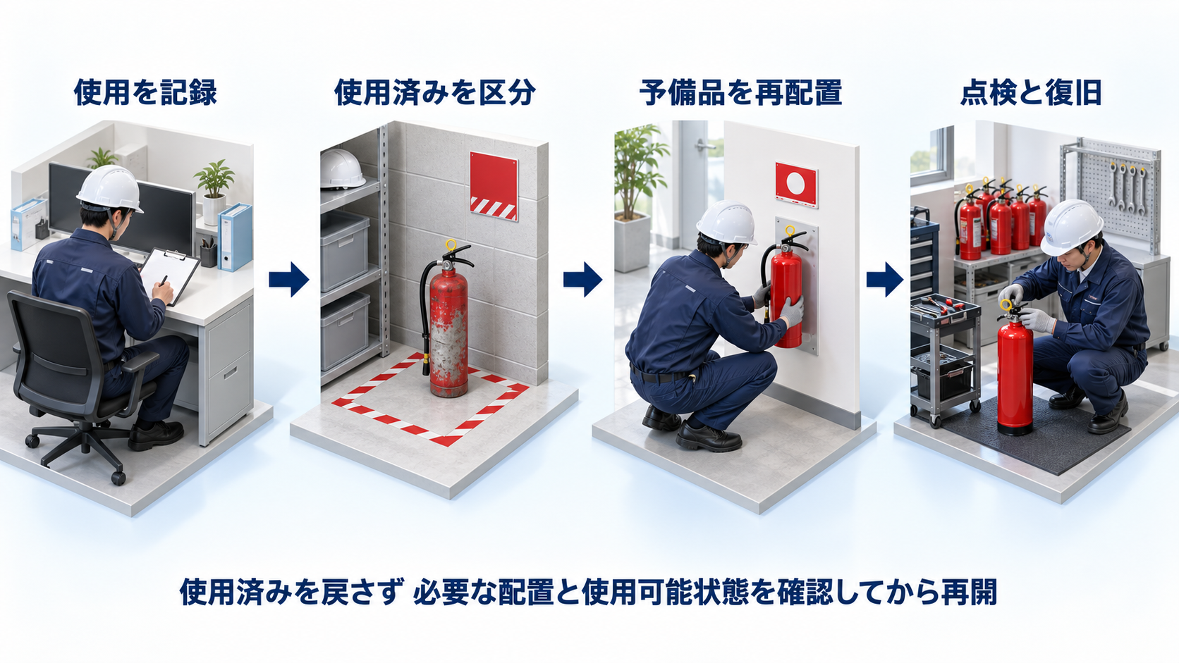 消火器を使った後に使用記録と使用済みの区分と予備品の再配置と点検復旧を行う流れのアイソメ図