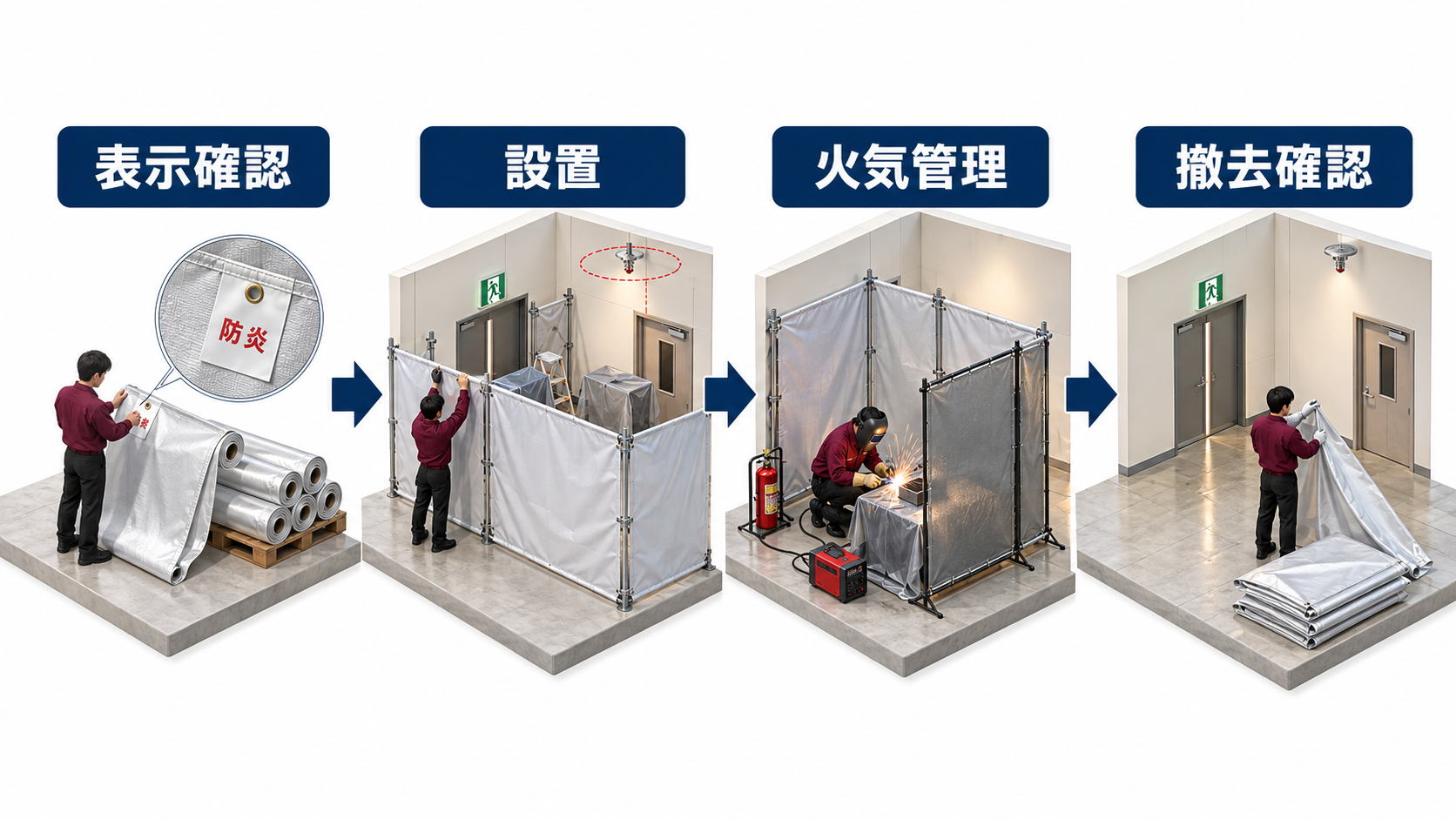 復旧工事用の養生シートを対象確認から表示照合と設置点検を経て撤去するまでの流れ