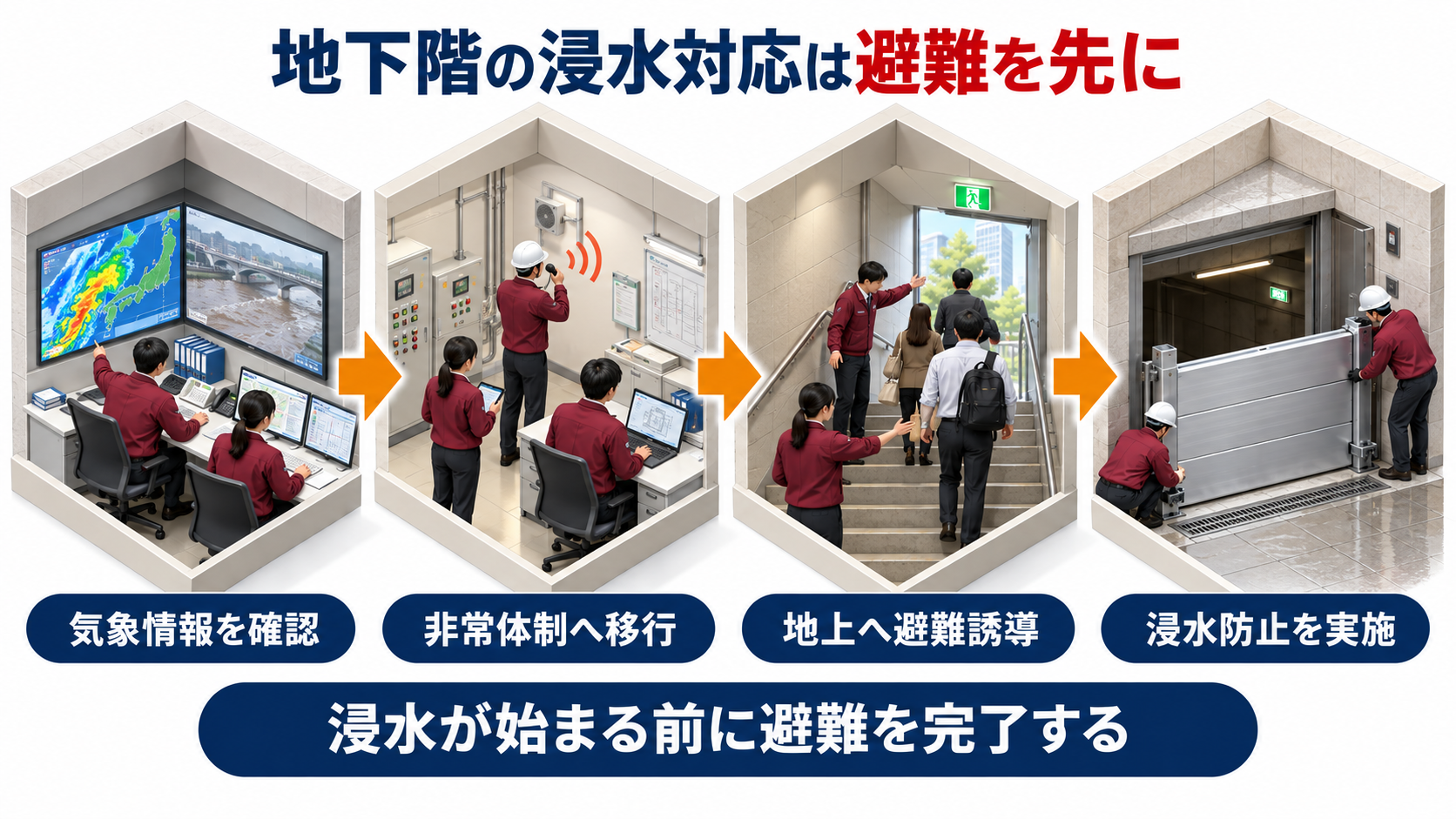 気象情報の確認から非常体制と地上への避難誘導を経て浸水防止を行う流れのアイソメ図