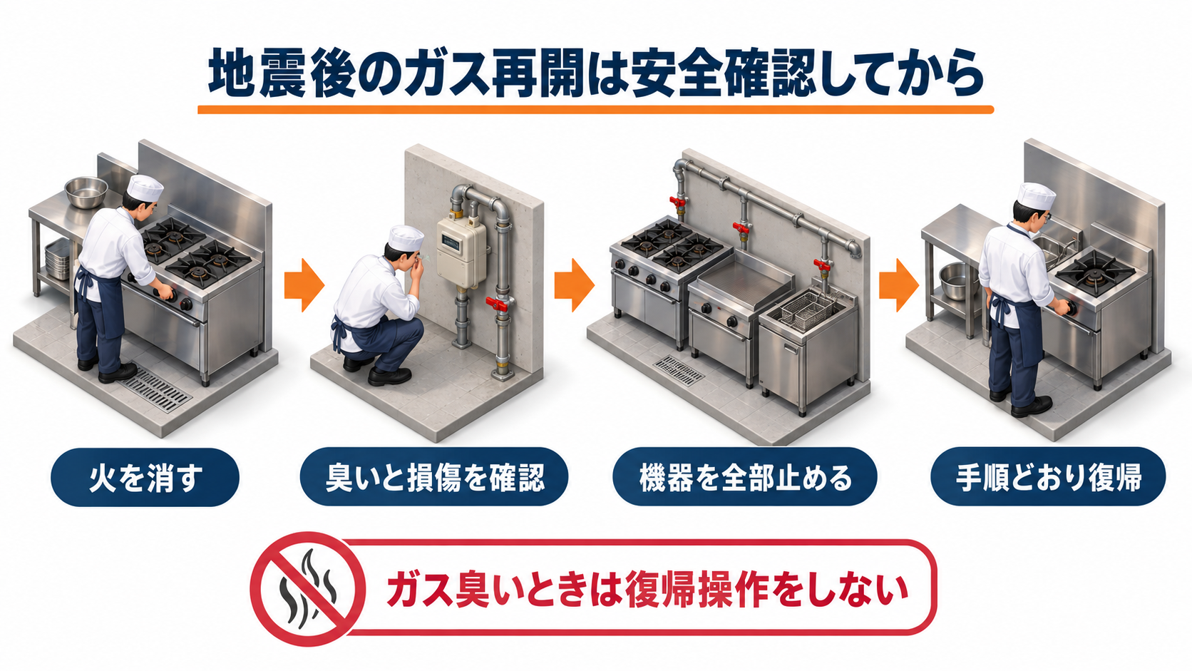 地震後に火を消しガス臭と損傷を確認して機器を止め手順どおりに復帰する流れのアイソメ図