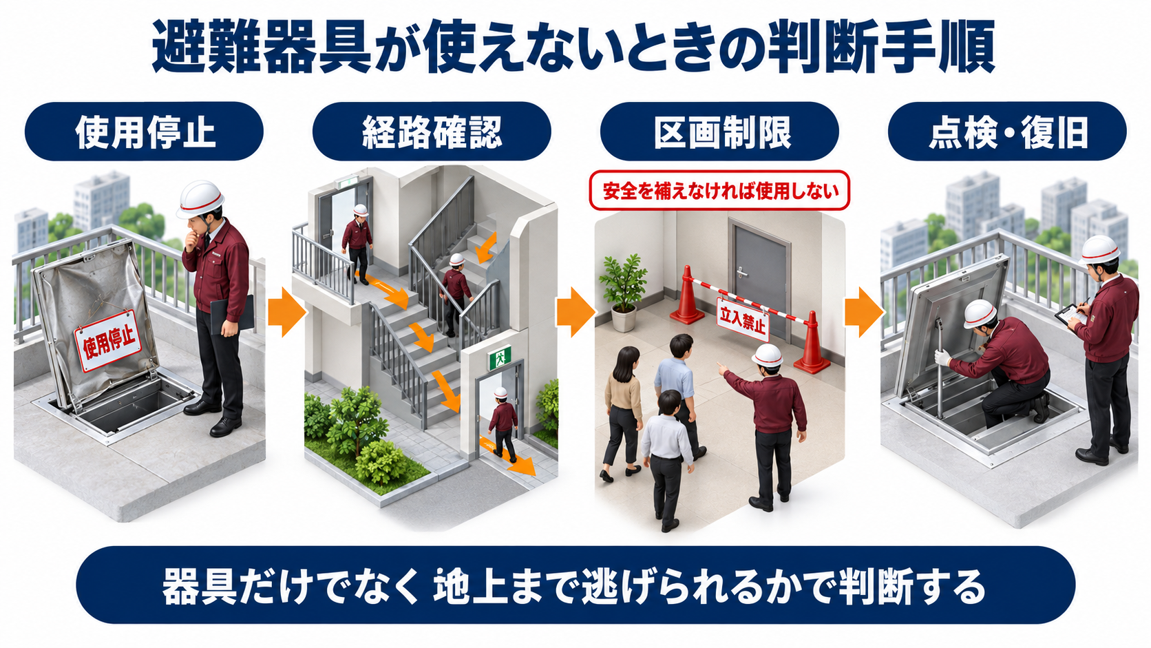 避難器具の使用停止から代替避難経路の確保と区画制限を経て点検復旧まで進める流れのアイソメ図