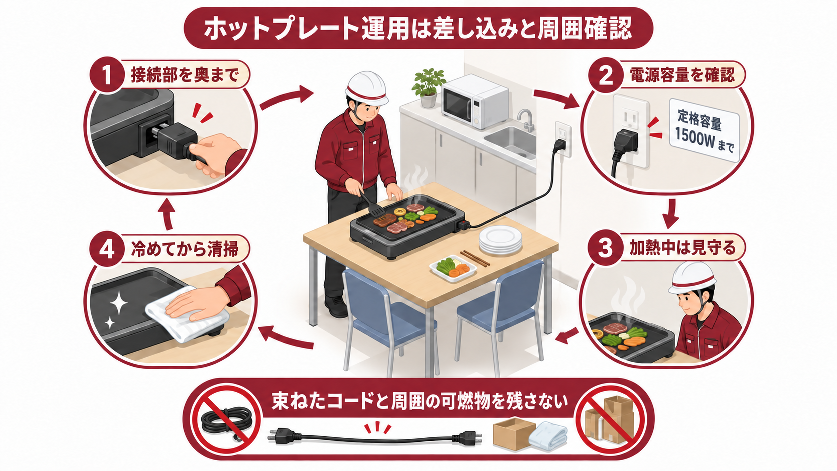 社内待機場所で担当者がホットプレートの接続と電源容量と見守りと清掃を確認する中央一場面のアイソメ図