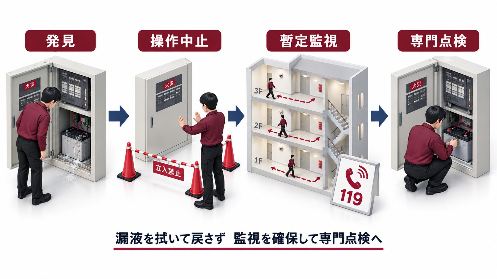 予備電源の漏液を発見して操作中止と暫定監視を経て専門点検へ進む四段階の横長インフォグラフィック