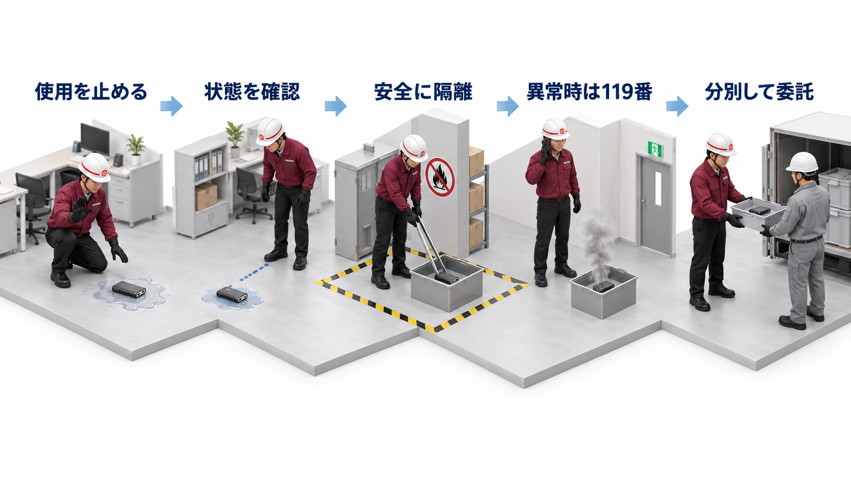 浸水したモバイルバッテリーの使用を止め状態確認と安全な隔離を行い異常時の119番通報から分別委託まで進めるアイソメ図