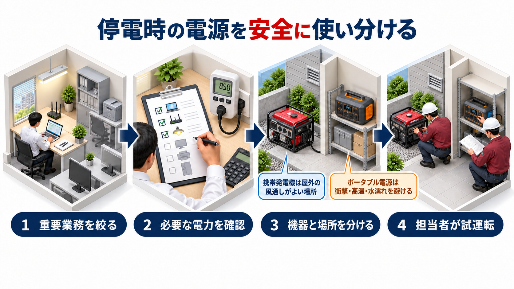 重要業務と必要電力を確認して携帯発電機とポータブル電源の場所を分け担当者が試運転する図解