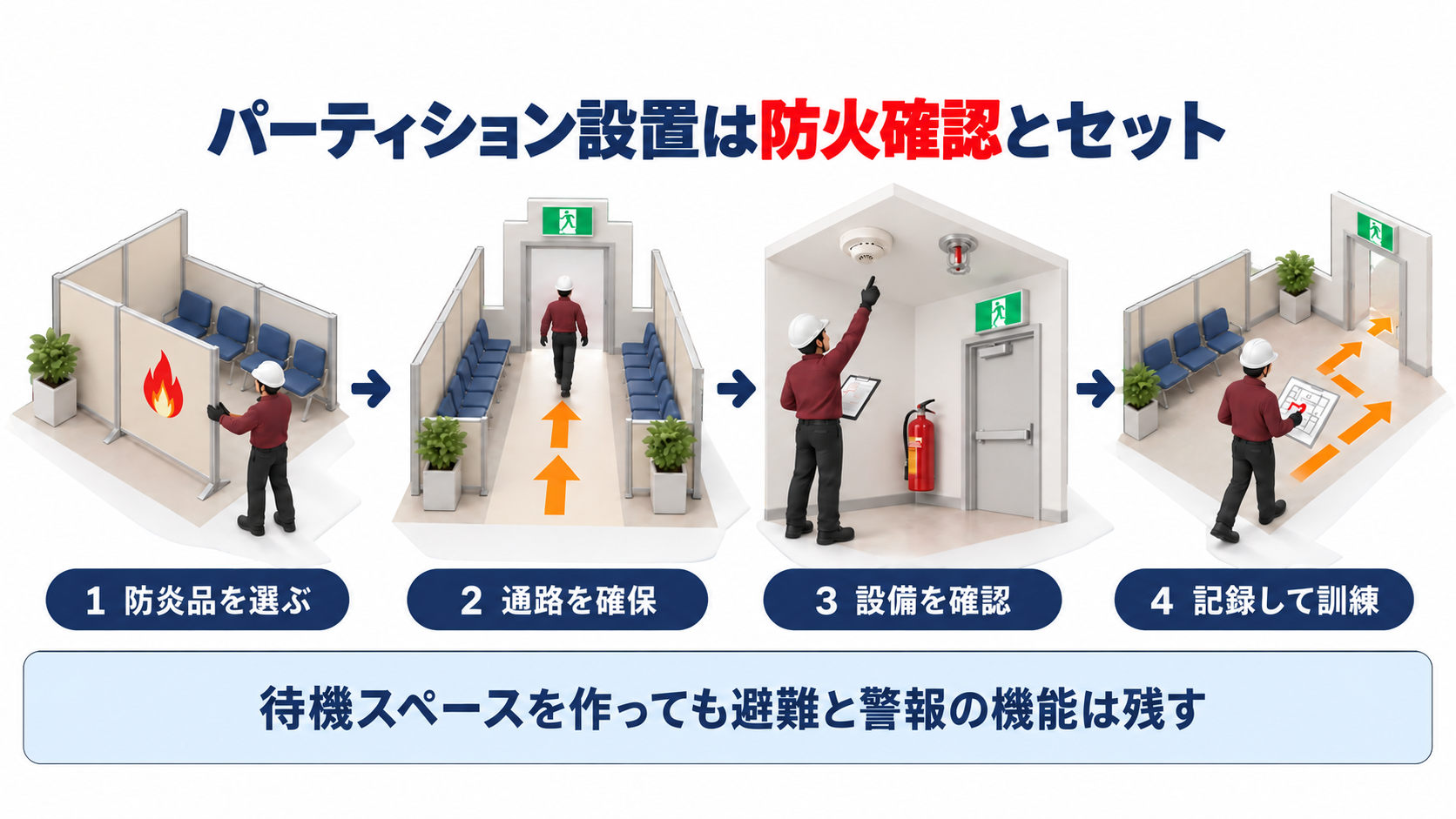 社内待機場所で防炎品の選定から避難通路と消防用設備等の確認および訓練までを行う流れを示したアイソメ図