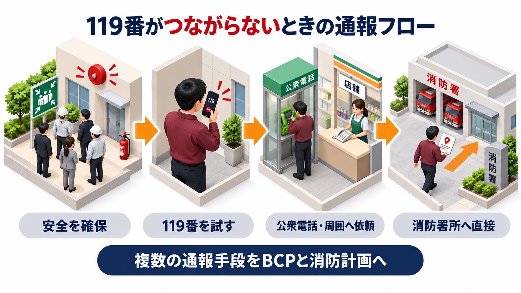 安全確保から119番通報と公衆電話や周囲への依頼を経て消防署所へ直接向かう代替通報フローの図解