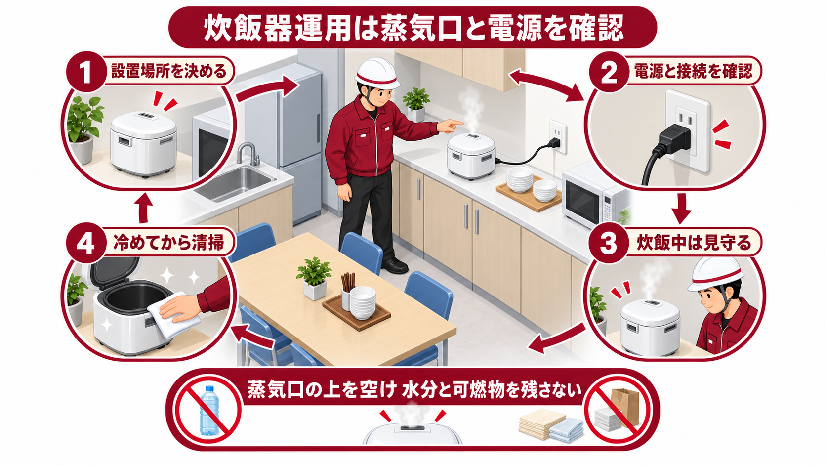 社内待機場所で炊飯器の設置場所と電源接続と見守りと清掃を確認する中央一場面のアイソメ図