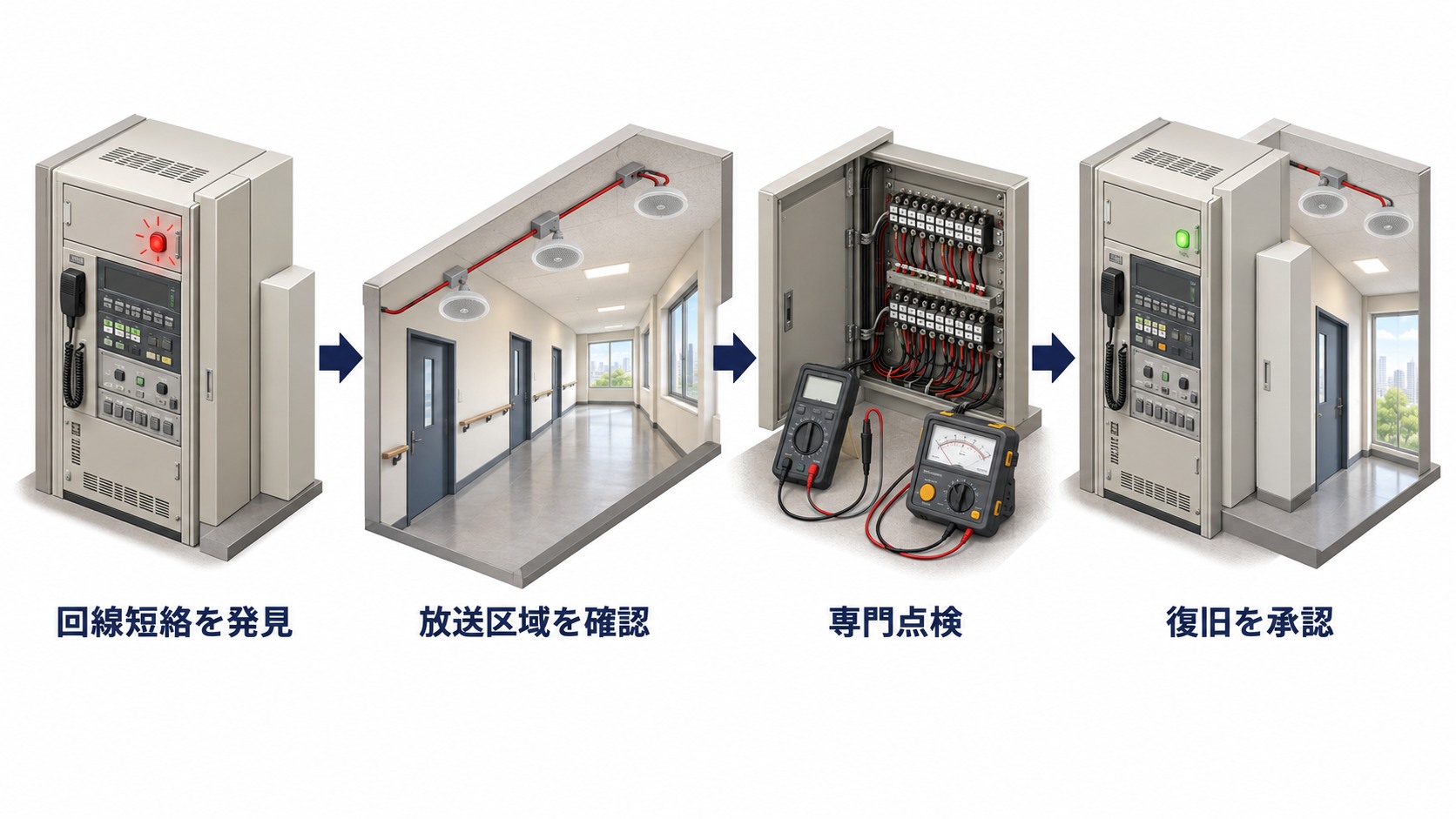 非常放送設備の回線短絡を発見してから放送区域確認と専門点検を経て復旧する流れ
