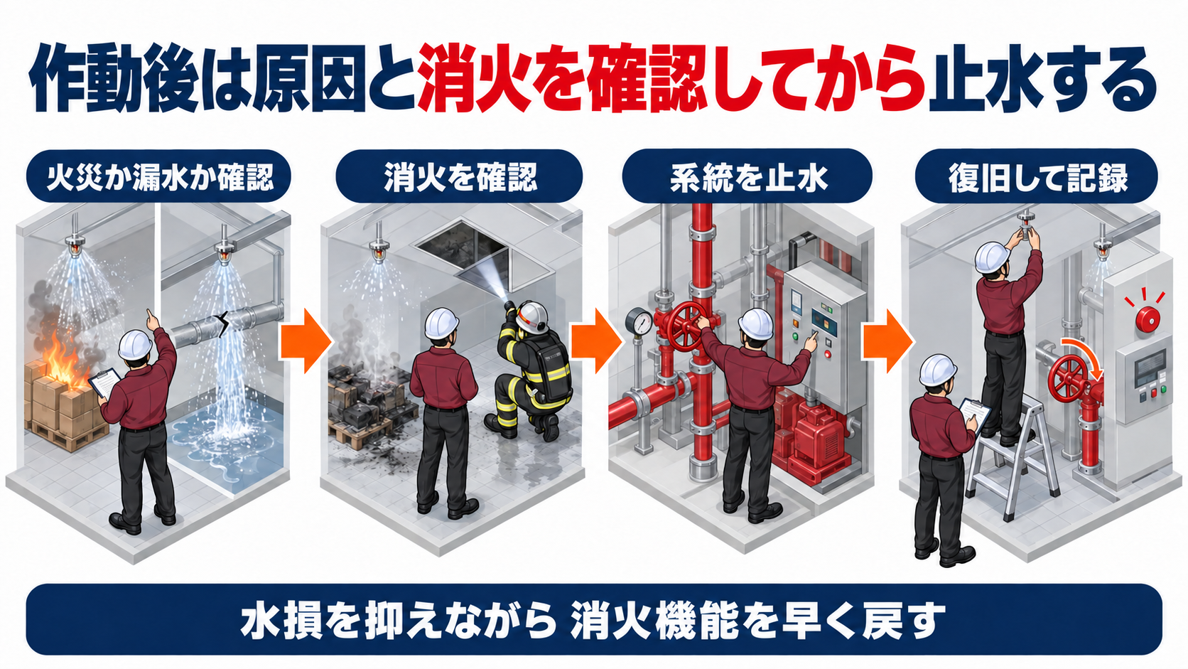 スプリンクラー作動後に原因確認から消火確認と系統止水を経て復旧記録まで進める流れのアイソメ図