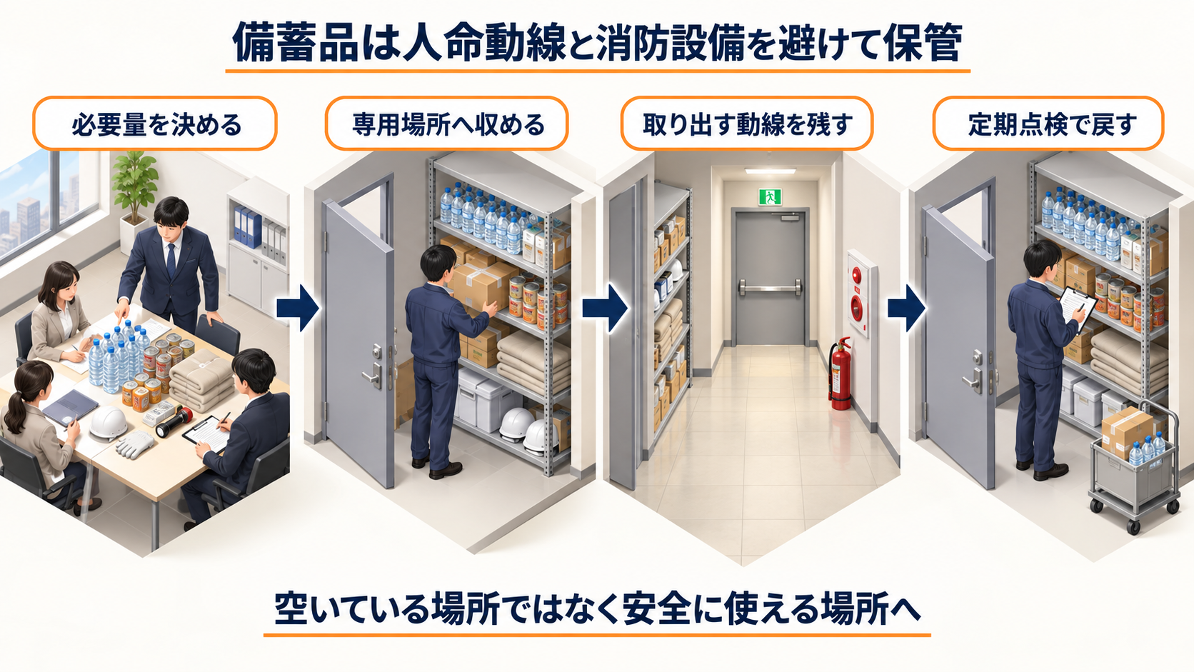 備蓄品の必要量を決めて安全な専用場所へ収め取り出し動線を点検する流れのアイソメ図