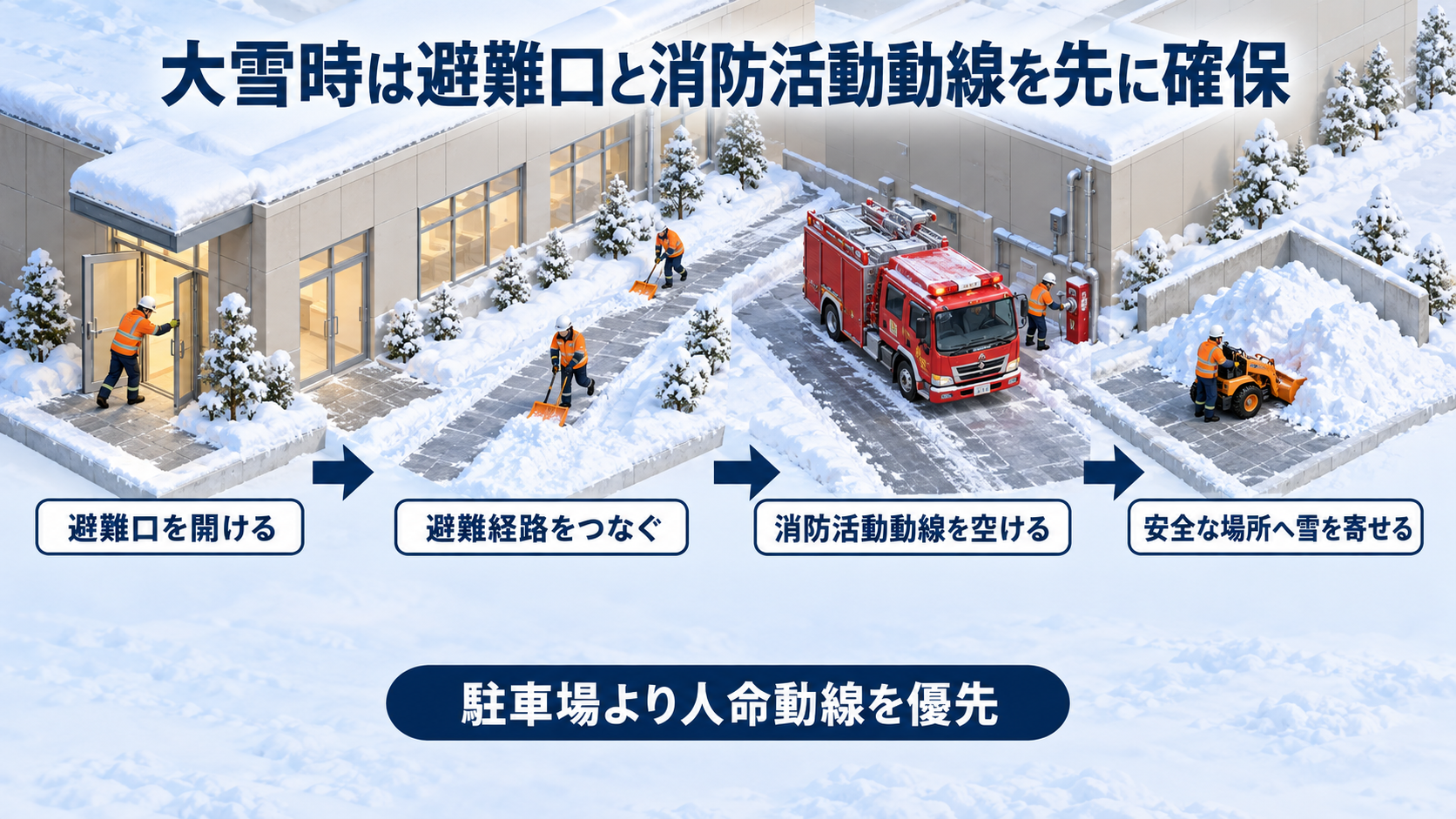 大雪時に避難口と避難経路と消防活動動線を順番に除雪する流れのアイソメ図