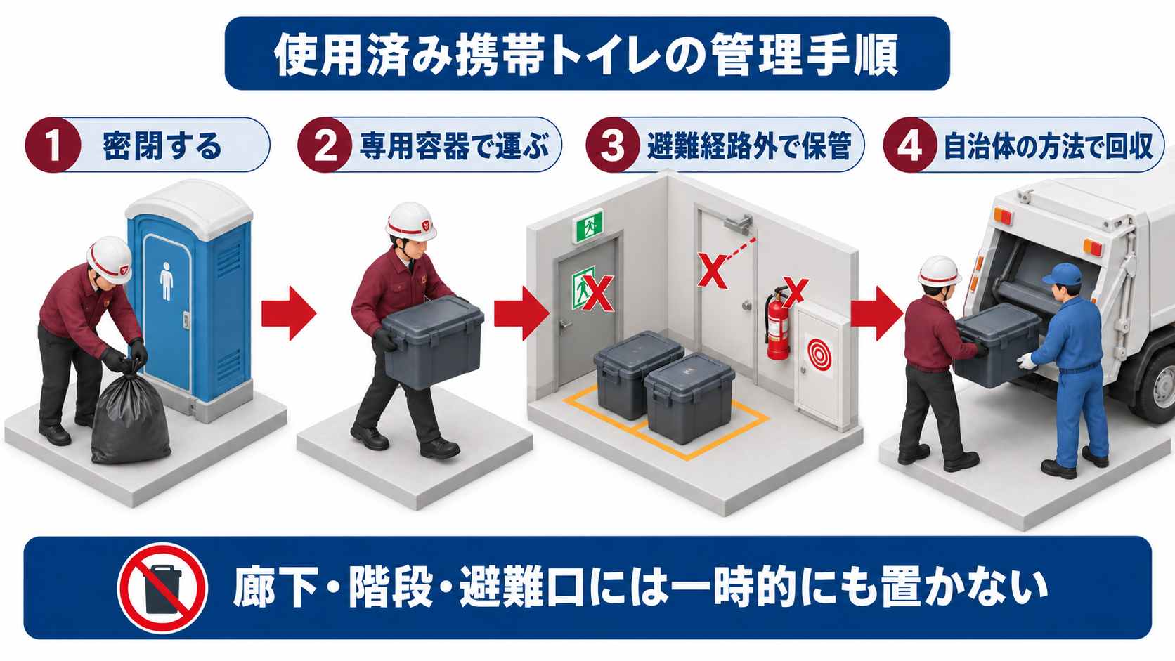 携帯トイレの使用から密閉と専用保管を経て自治体の方法で回収する流れを示したアイソメ図