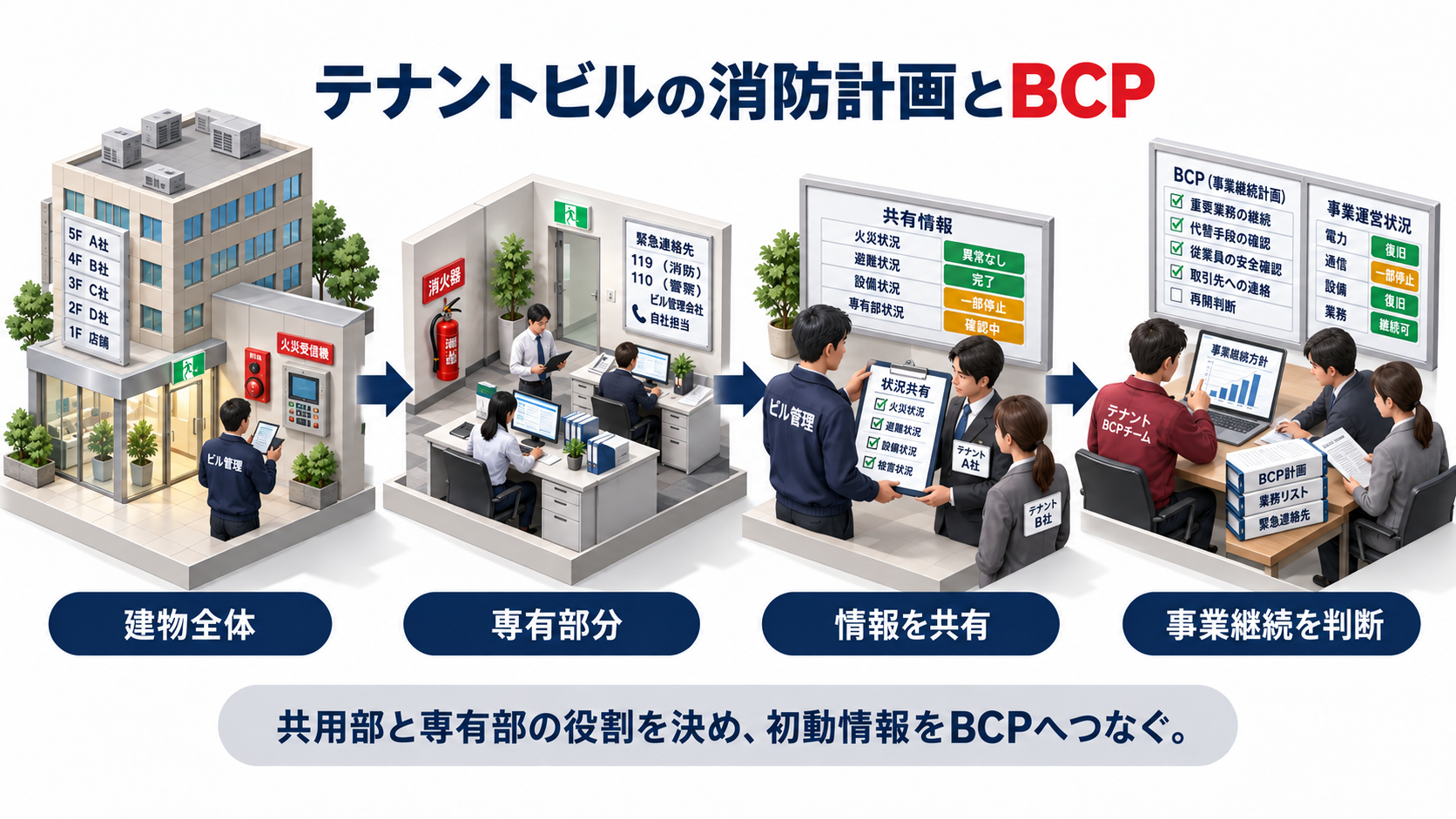 テナントビルで建物全体と専有部分の情報を共有してBCPの事業継続判断へつなぐ流れの図解