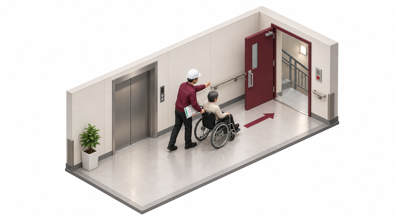 一般用エレベーターを使わず車いす利用者を一時待避できる階段付近の安全区画へ誘導するアイソメ図