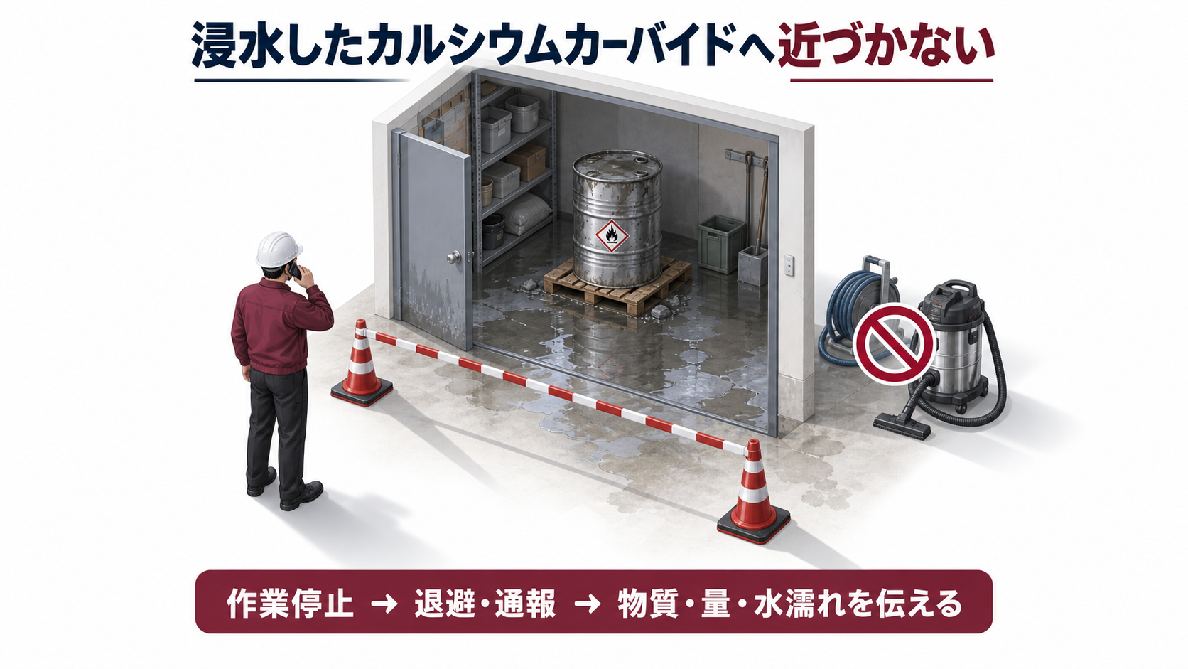 浸水したカルシウムカーバイド倉庫への立入りを止めて退避通報する一場面のアイソメ図