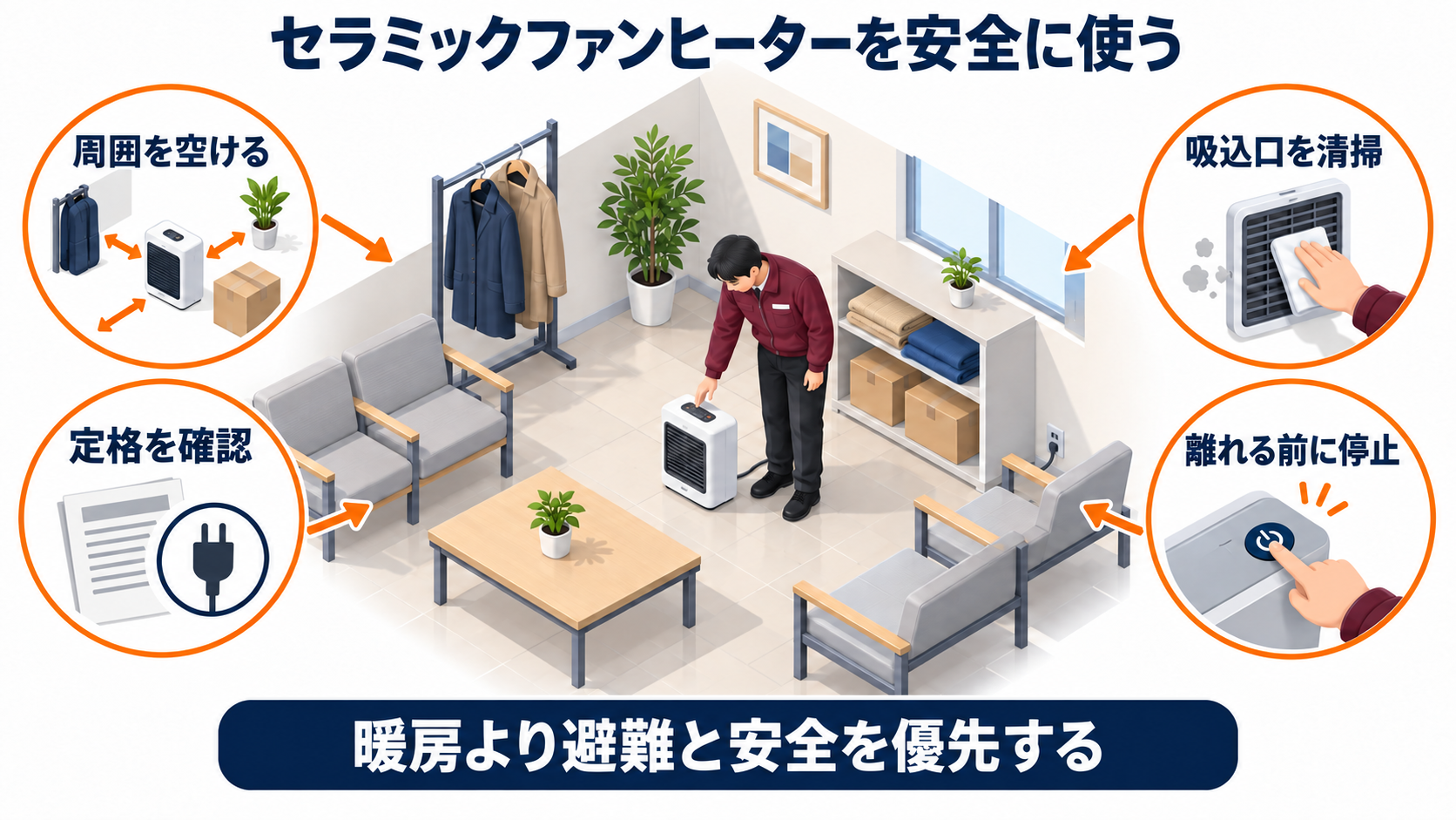 セラミックファンヒーターの周囲と吸込口と電源を確認して離れる前に停止する流れを示す中央一場面のアイソメ図