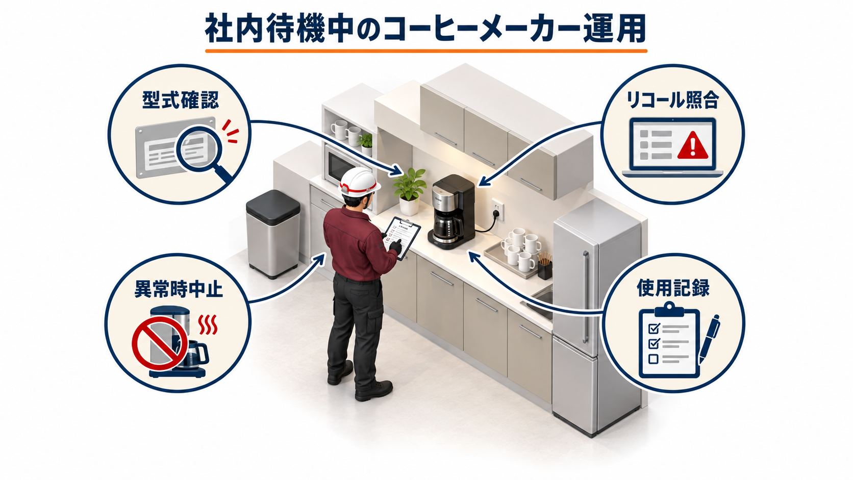 社内待機場所でコーヒーメーカーの型式確認とリコール照合と異常時中止と使用記録を行う中央一場面のアイソメ図