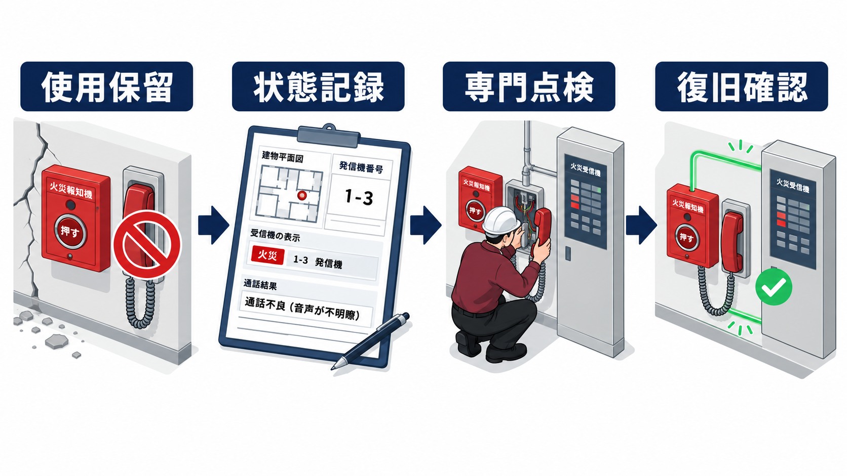 発信機の送受話器で通話できないとき使用保留から状態記録と専門点検を経て復旧確認へ進む横長インフォグラフィック
