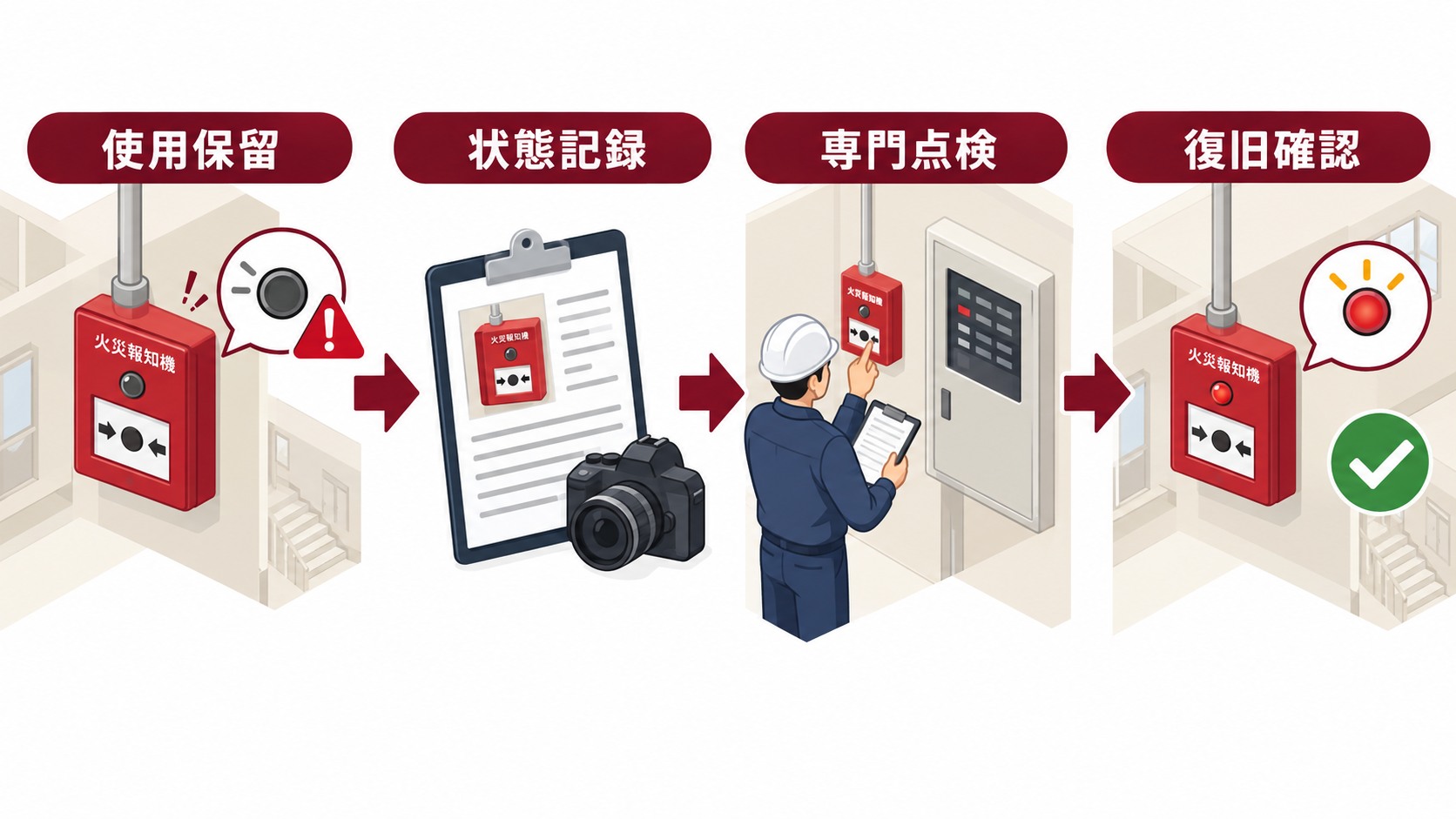 発信機の確認灯が点かないとき使用保留から状態記録と専門点検を経て復旧確認へ進む横長インフォグラフィック