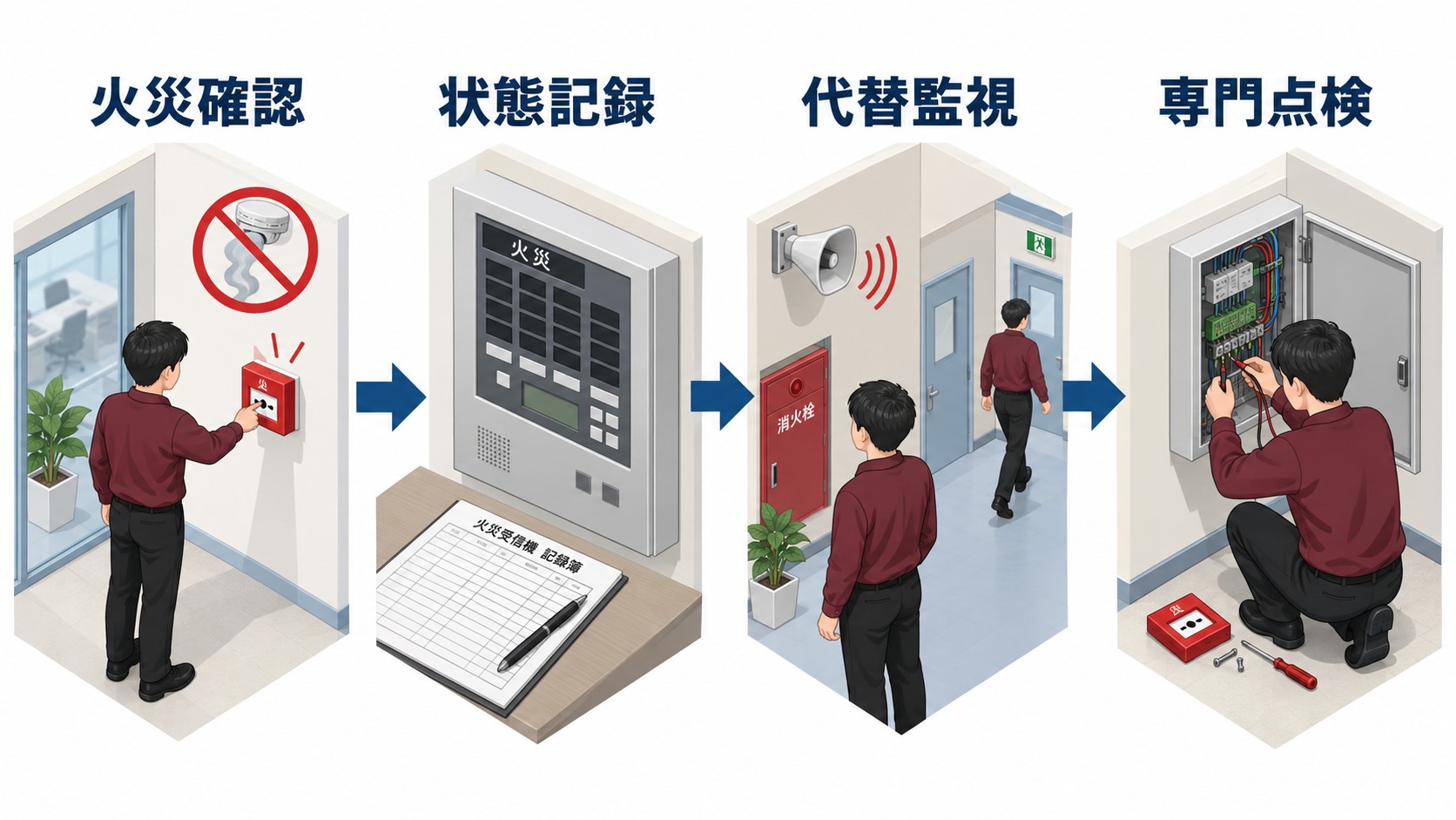 発信機を押しても火災表示が出ないとき火災確認から状態記録と代替監視を経て専門点検へ進む横長インフォグラフィック