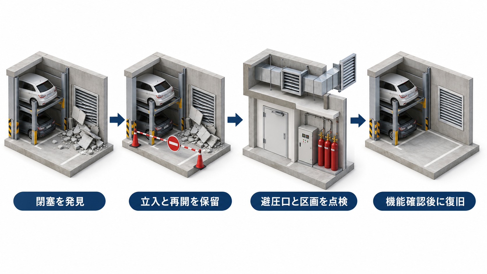 二酸化炭素消火設備の避圧口閉塞を発見してから専門点検後に復旧する４工程の横長アイソメ図