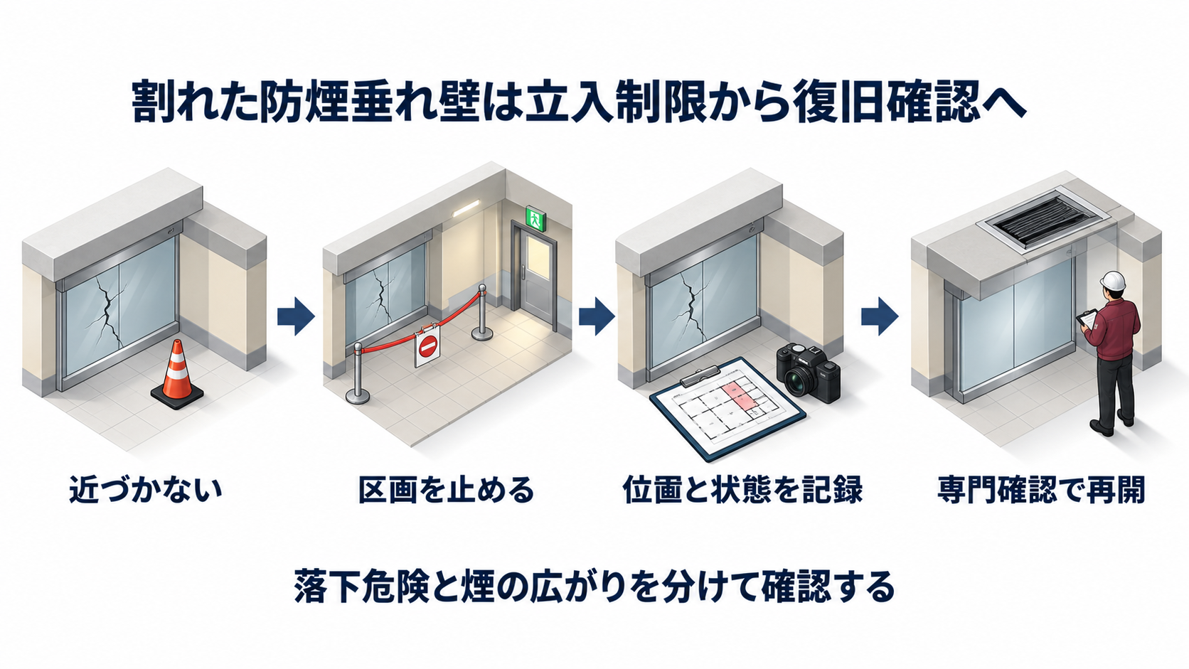 割れた防煙垂れ壁への接近防止から区画記録と専門確認による再開までを示すアイソメ図