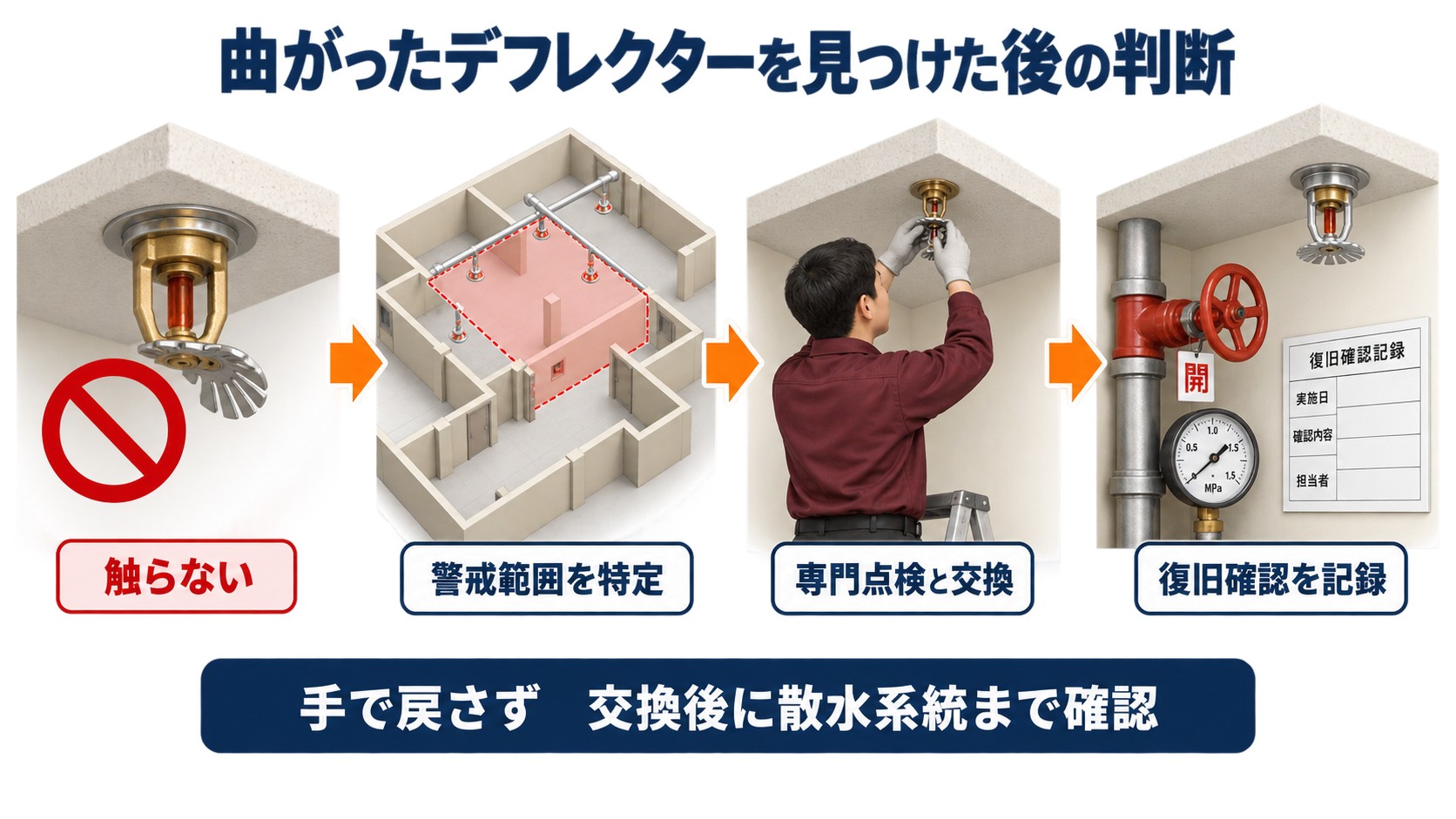 曲がったスプリンクラーヘッドのデフレクターを触らず警戒範囲を特定して交換と復旧確認へ進む流れを示す横長インフォグラフィック