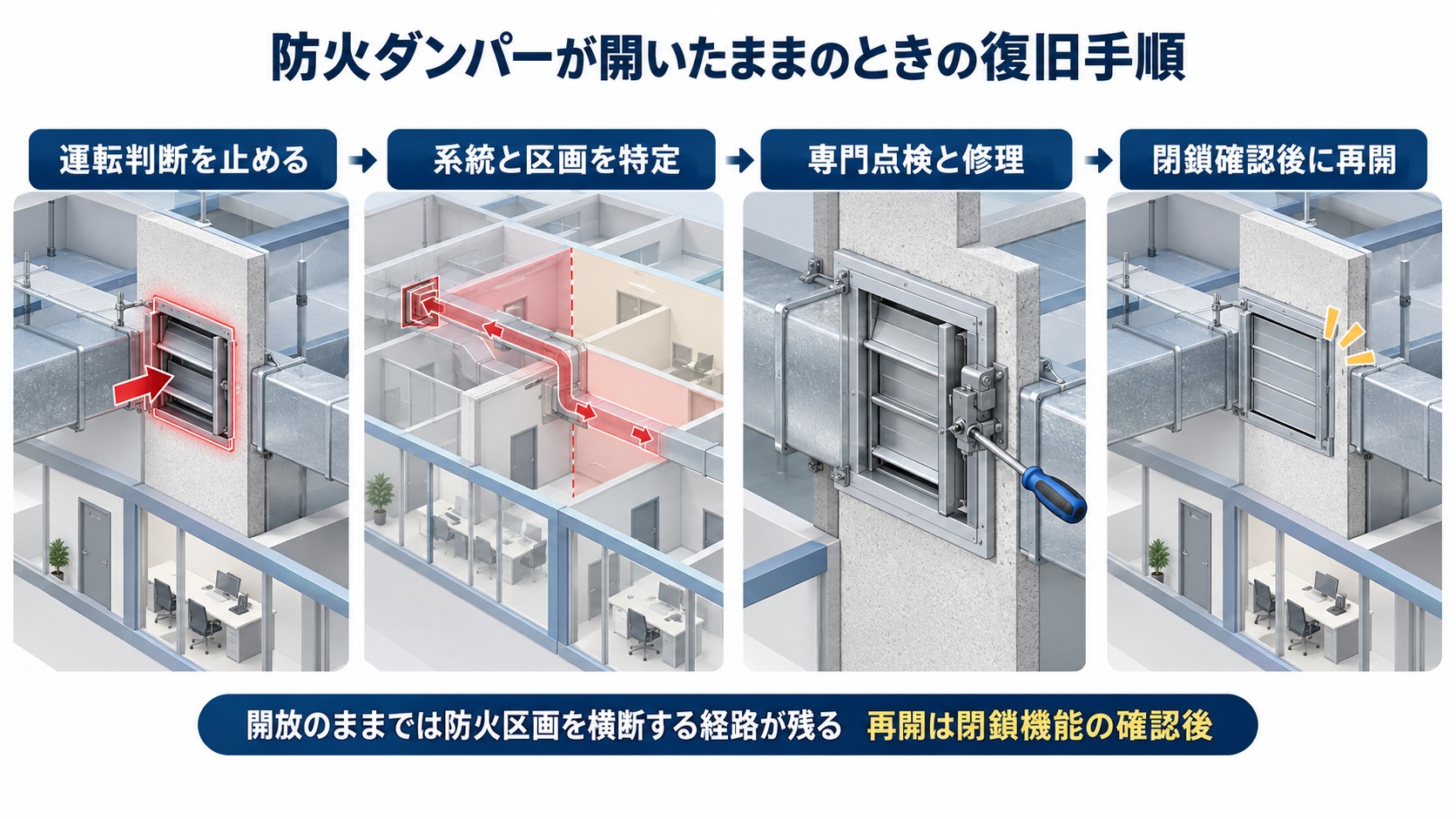 防火ダンパーが開いたままのときに運転保留から系統特定と専門点検を経て再開する横長アイソメ図解