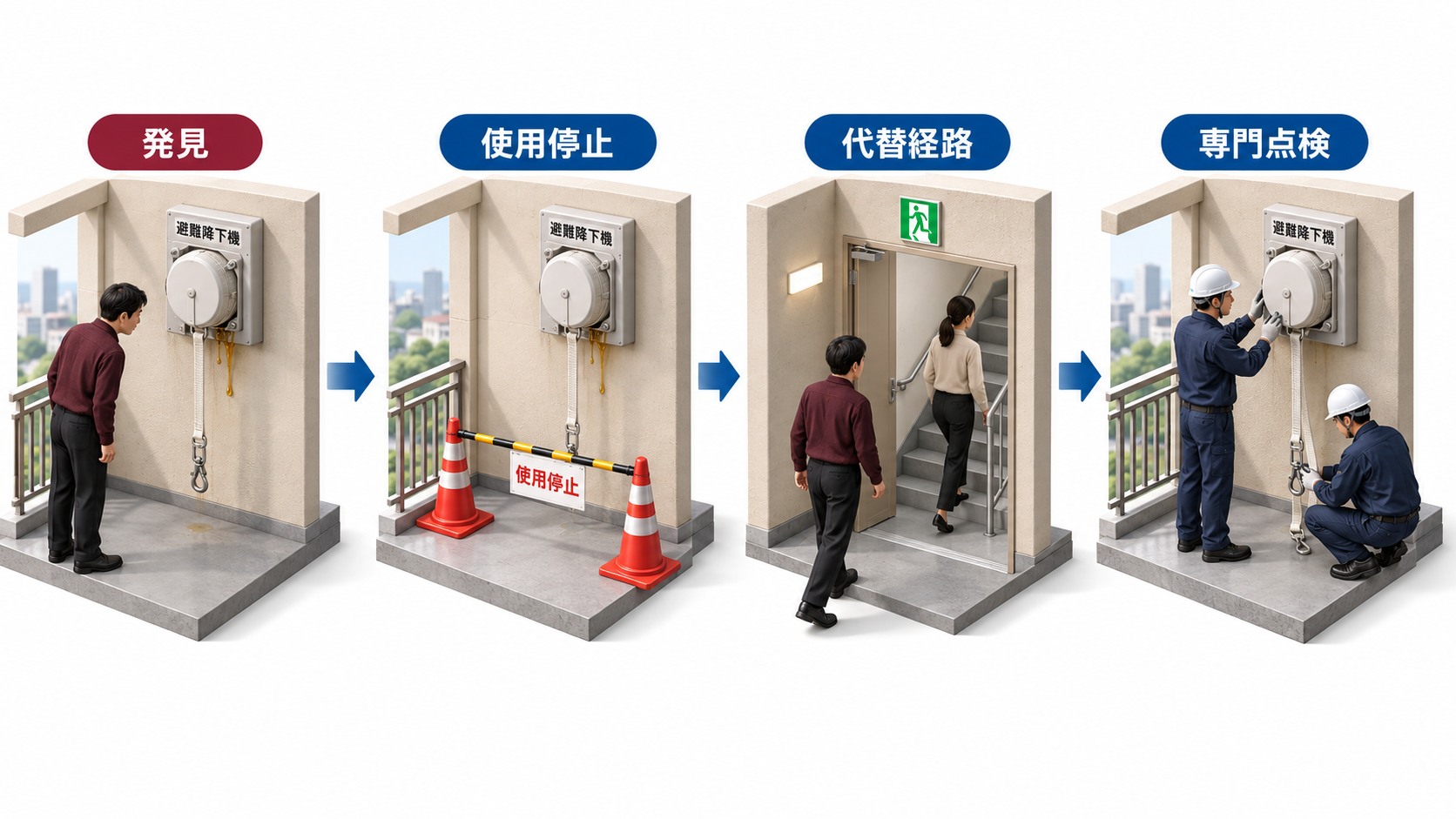 緩降機の油漏れ発見から使用停止と代替経路確保を経て専門点検へ進む四段階の横長インフォグラフィック