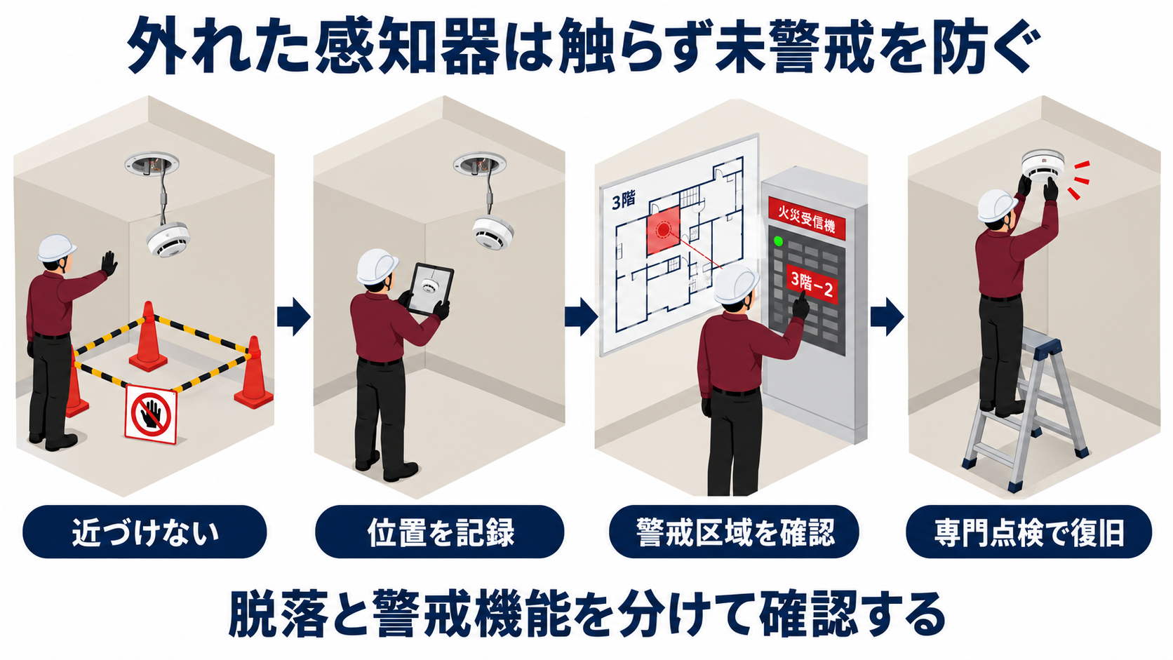 外れた火災感知器への接近防止から位置記録と警戒区域確認と専門点検による復旧までを示すアイソメ図