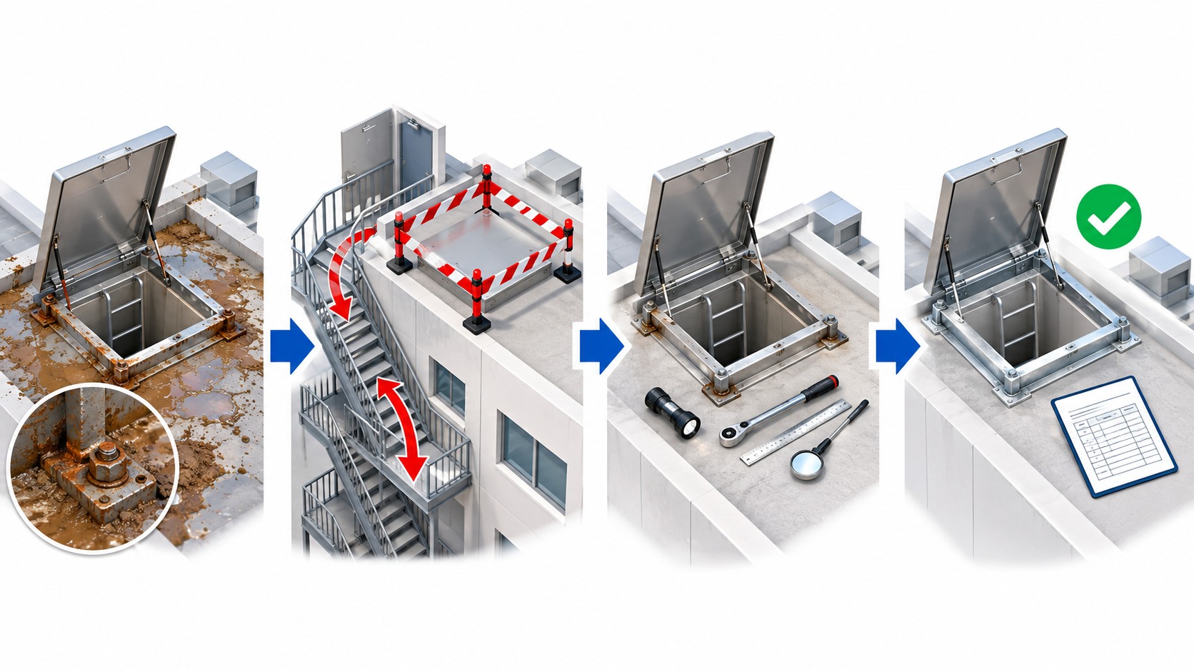 避難はしごの取付金具に錆を見つけたとき使用保留から代替経路と専門点検を経て復旧する横長インフォグラフィック